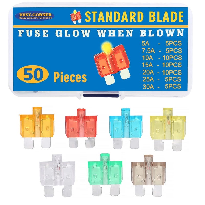 BUSY-CORNER 50 Piece Glow Fuse Standard Blade Automotive Fuse - Easy Identification, Smart Auto Glow When Blown - Image 1